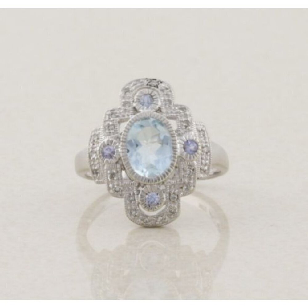 10k White Gold Natural Aquamarine Tanzanite Diamond Ring Size 8